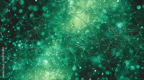 Abstract emerald green technology background with a cyber network grid, connected particles, and artificial neurons, evoking a lush and oasislike futuristic tech environment. Oasislike. Illustration photo