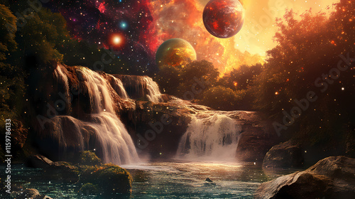 Beautiful galactica fantasy waterfall landscape with planets, rock, water, colorful, and beautiful light. ia generated. Oasislike. Illustration photo