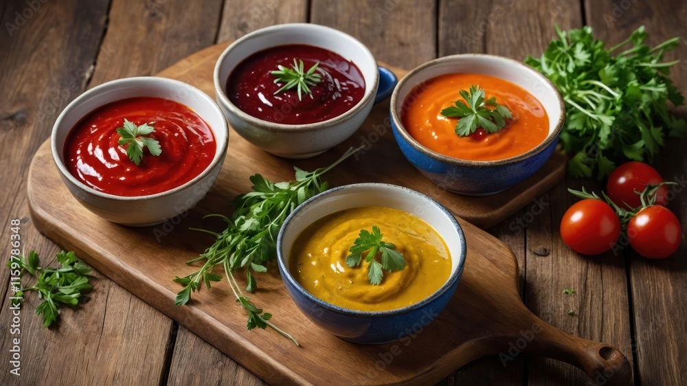 A variety of colorful sauces served in bowls on a wooden board, garnished with herbs. A variety of colorful sauces served in bowls on a wooden board, garnished with herbs.