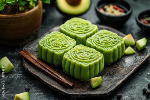 Avocado snowskin mooncakes also known as Chinese mooncakes or kue bulan are festive treats for the Mid Autumn Festival Space for text available photo