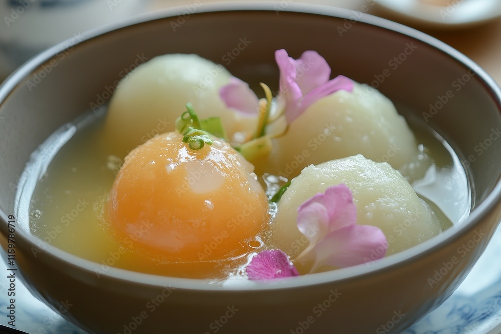 Bowl of syrupy colored rice dumpling balls Bowl of syrupy colored rice dumpling balls