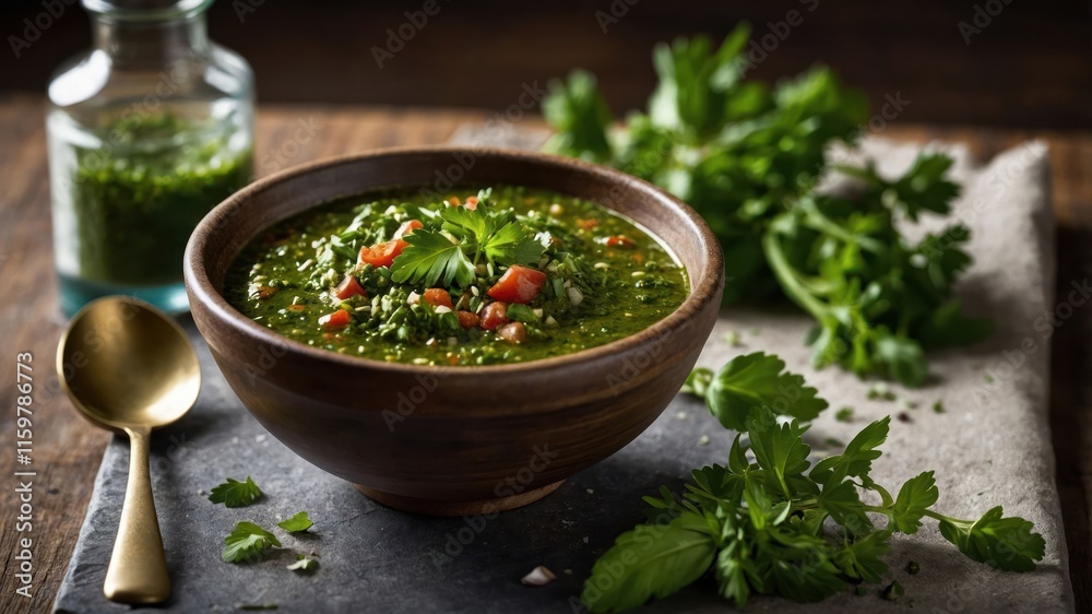 A bowl of vibrant green salsa with fresh herbs and diced tomatoes, served with a spoon. A bowl of vibrant green salsa with fresh herbs and diced tomatoes, served with a spoon.