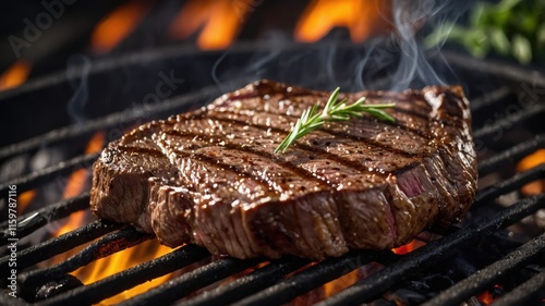 A perfectly grilled steak with grill marks, garnished with a sprig of rosemary, emitting smoke. photo