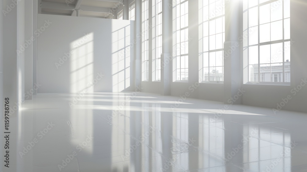 Fototapeta premium Sunlit empty white room with large windows and shiny floor.