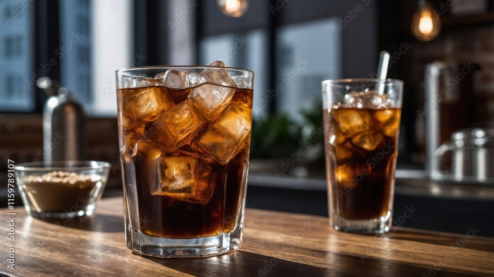 A close-up of two glasses filled with iced coffee on a wooden table in a cozy setting. A close-up of two glasses filled with iced coffee on a wooden table in a cozy setting.