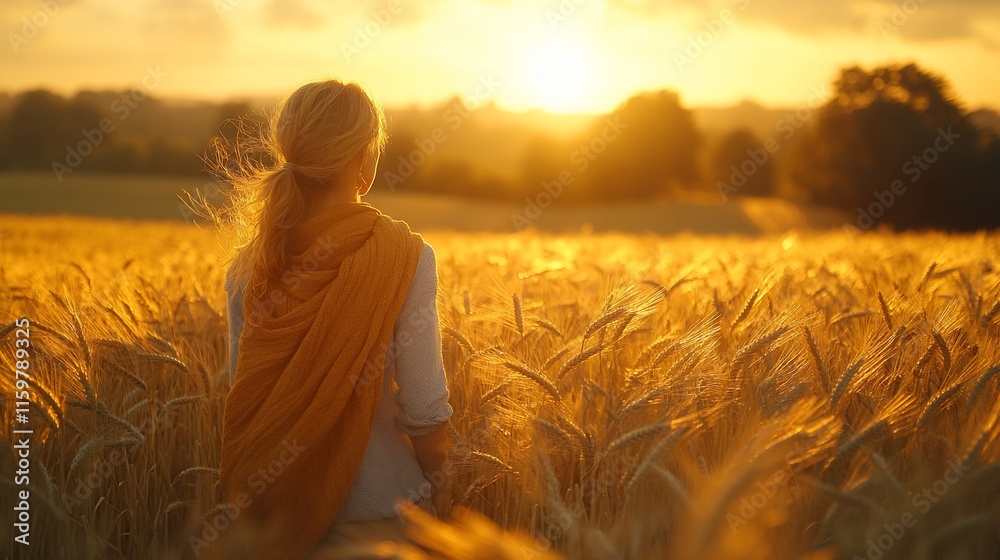Fototapeta premium Woman standing in a golden wheat field at sunset