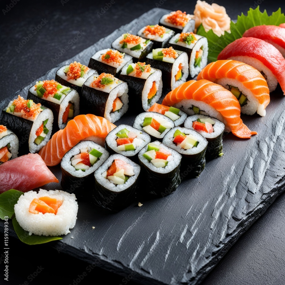 Artistic sushi arrangement on dark background, featuring fresh fish and vegetable rolls. Perfect for culinary promotions, social media content, and food blogs, emphasizing freshness and visual appeal. Artistic sushi arrangement on dark background, featuring fresh fish and vegetable rolls. Perfect for culinary promotions, social media content, and food blogs, emphasizing freshness and visual appeal.