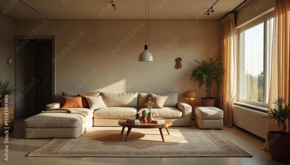 A modern living room features a beige sofa with orange throw pillows, a wooden coffee table, and a large window with beige curtains, illuminated by natural light. A modern living room features a beige sofa with orange throw pillows, a wooden coffee table, and a large window with beige curtains, illuminated by natural light.
