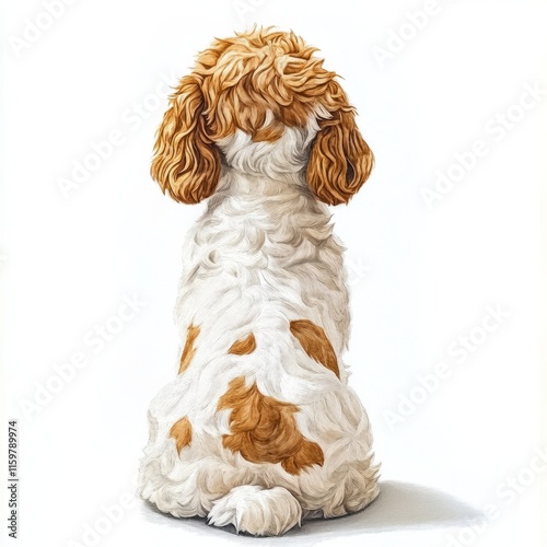 Fluffy brown-and-white puppy sitting with back turned photo