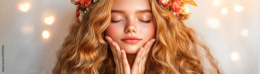 Obraz premium Experience the enchantment of love with a captivating image of a woman with a floral crown, evoking the spirit of Cupid glowing in a radiant heart-shaped aura, representing timeless romance and