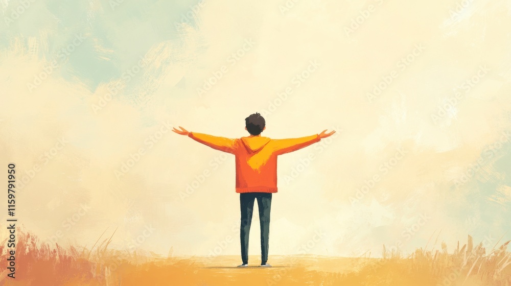 Man in Orange Hoodie Welcomes Sunrise, Peaceful Field Man in Orange Hoodie Welcomes Sunrise, Peaceful Field