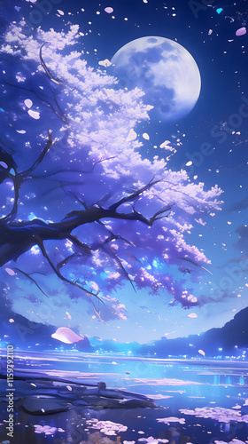 桜 木 花びら 咲く 水 湖 はる 春 日本 アニメ风 背景 壁紙