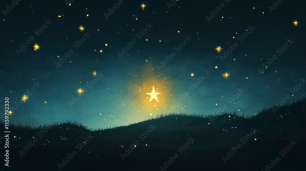Fototapeta premium Night Sky, Bright Star, Hilltop, Peaceful Scene