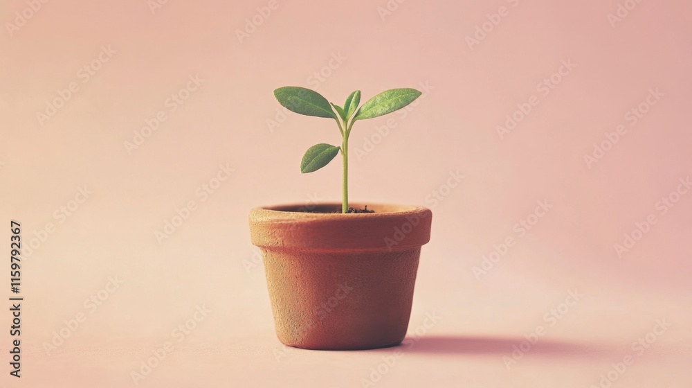 Fototapeta premium Tiny Plant Sprouting in Clay Pot, Pastel Pink Background - Minimalist Growth Concept