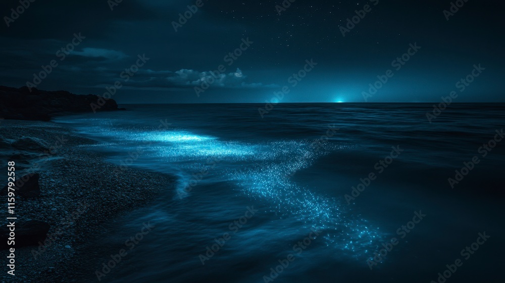 Bioluminescent Ocean Waves at Night on Pebble Beach Bioluminescent Ocean Waves at Night on Pebble Beach