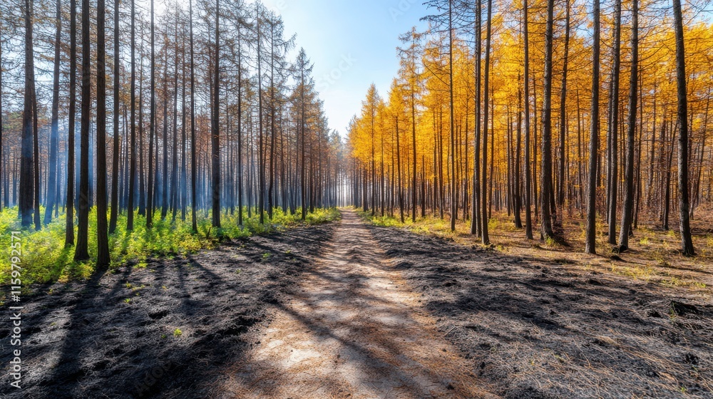 Obraz premium Forest Path with Bright Shadows and Pollution Contrast