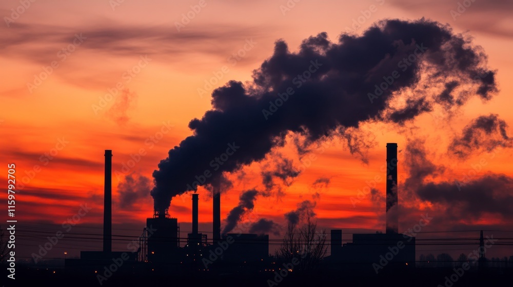 Industrial Sunset: Pollution Clouds Over Factory Silhouette Industrial Sunset: Pollution Clouds Over Factory Silhouette