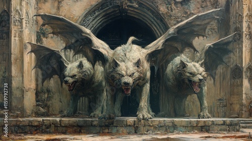 Cerberus, Three-Headed Dog, Guarding, Ancient Ruins, Dark Fantasy Art photo