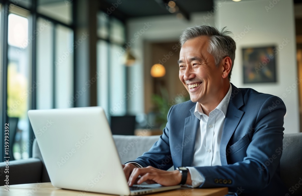Senior Asian businessman happily working on laptop indoors. Business owner enjoying work in office. Smiling man using computer for business. Positive, successful person. Pro looking, mature man at Senior Asian businessman happily working on laptop indoors. Business owner enjoying work in office. Smiling man using computer for business. Positive, successful person. Pro looking, mature man at