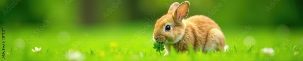 Fluffy brown bunny nibbling clover on lush green grass, outdoor, bunny Fluffy brown bunny nibbling clover on lush green grass, outdoor, bunny
