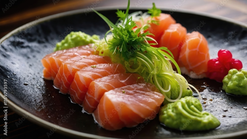 A plate of sushi featuring salmon, wasabi, and garnishes. A plate of sushi featuring salmon, wasabi, and garnishes.