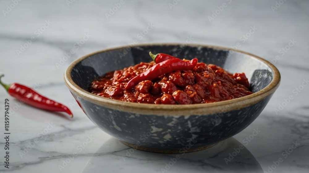 A bowl of spicy chili con carne garnished with red chilies on a marble surface. A bowl of spicy chili con carne garnished with red chilies on a marble surface.