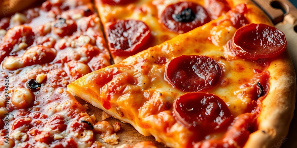 Single slice of pepperoni pizza with steaming cheese and visible grease on pepperonis, close-up shot, cheese, food Single slice of pepperoni pizza with steaming cheese and visible grease on pepperonis, close-up shot, cheese, food