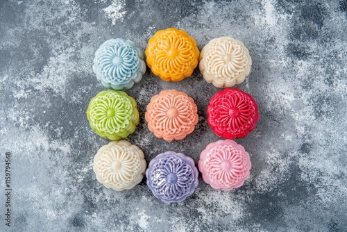 Brightly hued snow skin mooncake sweet treat for Mid Autumn Festival resting on a gray cement surface viewed from above photo