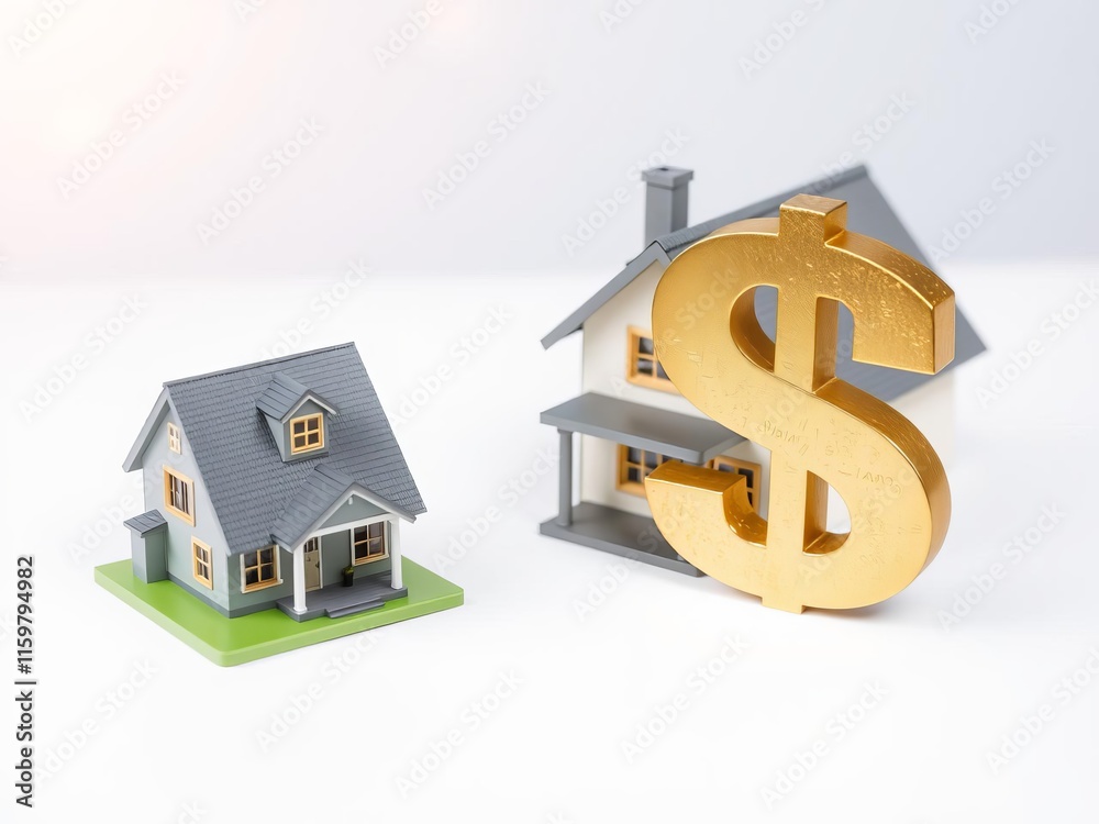 Obraz premium Small model house with golden dollar sign representing home ownership aspirations in modern setting, property, symbol