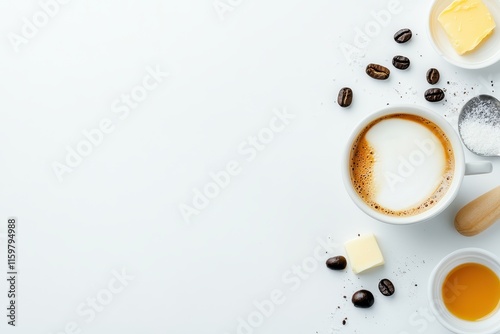 Bulletproof coffee ketogenic drink made with coconut oil and butter with ingredients shown on a white background photo