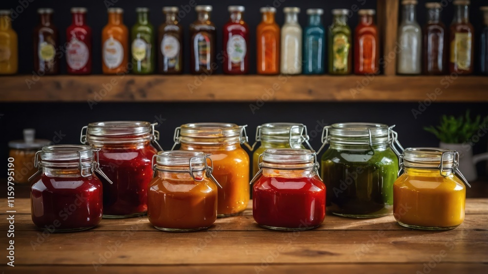 A display of colorful jars filled with various sauces and condiments on a wooden table. A display of colorful jars filled with various sauces and condiments on a wooden table.