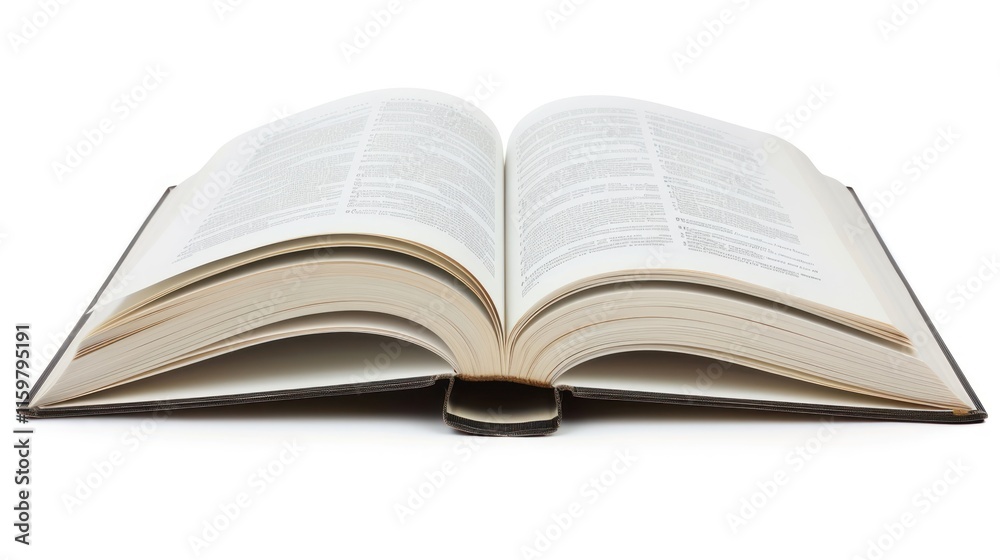 Open book, isolated on white background, showing pages with text. Open book, isolated on white background, showing pages with text.