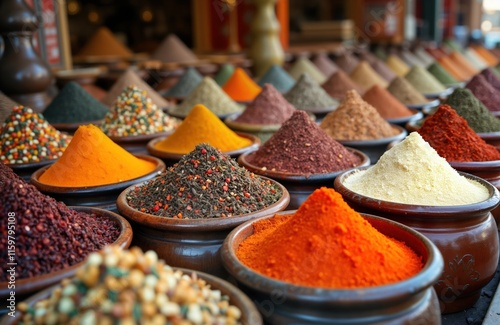 Colorful spice market in Dubai. Many types of spices in bowls. Traditional bazaar atmosphere. Spices arranged in variety of bowls. Aromatic, colorful. Selling different types of spices, herbs, photo