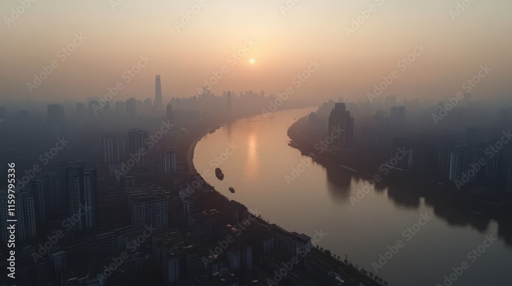 Naklejka premium Pollution and Waste Impacting Cityscape by River