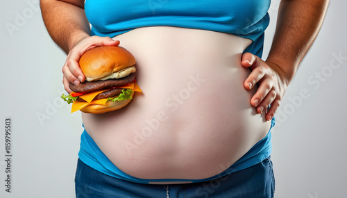 unhealthy eating, glutton, bad nutritional habits, overeating, fast food, overweight. fat man with big potbelly and hamburger isolated with white highlights, png photo