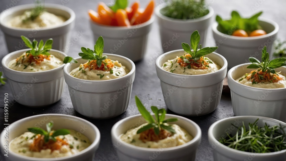 A selection of creamy dips garnished with herbs and vegetables, served in small bowls. A selection of creamy dips garnished with herbs and vegetables, served in small bowls.