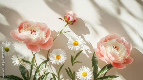 Fototapeta Naklejka Na Ścianę i Meble -  Pink peonies and white daisies on taupe background with sunlight