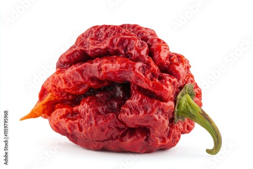 Carolina Reaper the hottest chili pepper whole ripe pod set against a white background Ultra spicy pepper photo