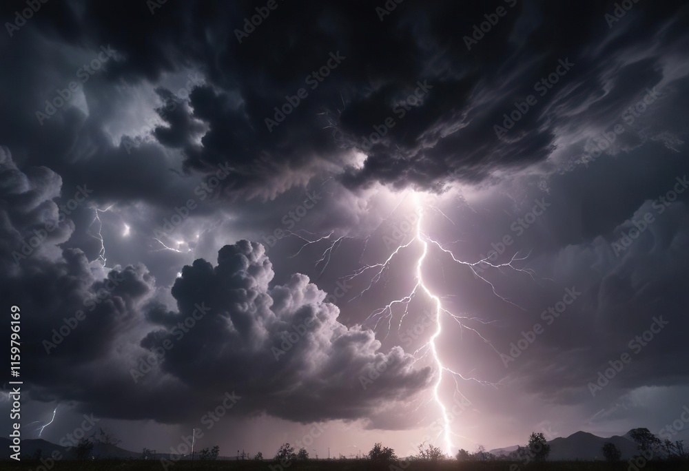 Eerie lightning bolt in stormy night sky with ominous clouds, dramatic, dark, lightning Eerie lightning bolt in stormy night sky with ominous clouds, dramatic, dark, lightning