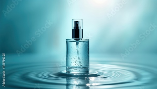 Elegant transparent cosmetic bottle with spray top sits on rippled teal surface. Modern, luxurious product presentation. High-quality image for advertising promotion of skincare beauty products.