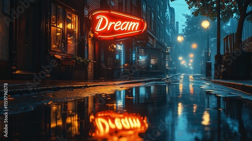 Dreamy Neon Sign Illuminates A Rainy City Street