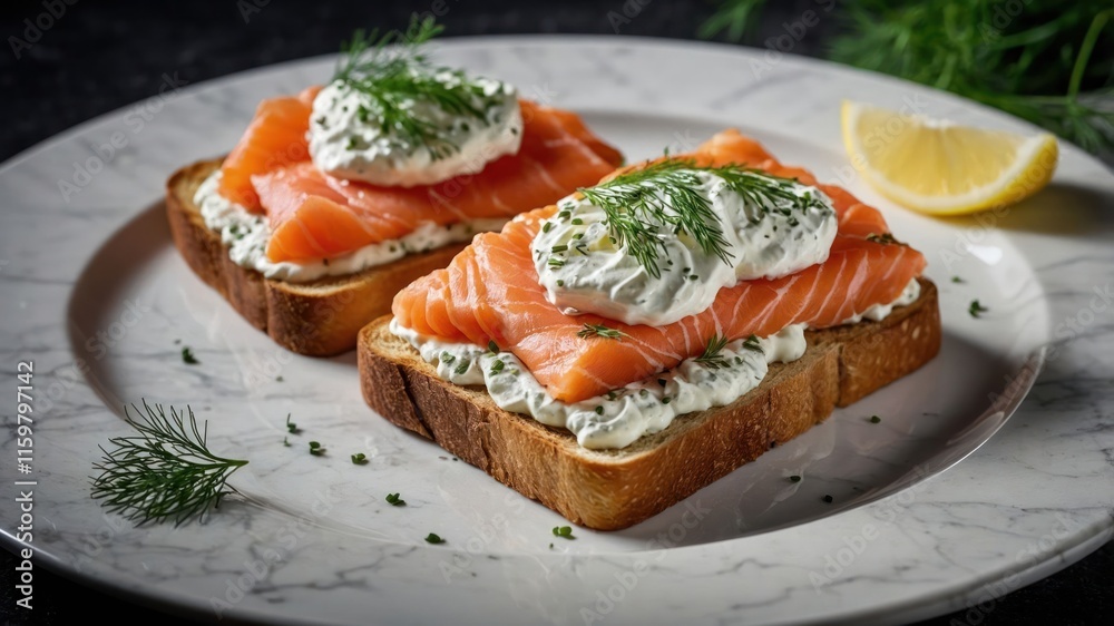 A plate featuring two slices of toast topped with smoked salmon, cream cheese, and herbs. A plate featuring two slices of toast topped with smoked salmon, cream cheese, and herbs.