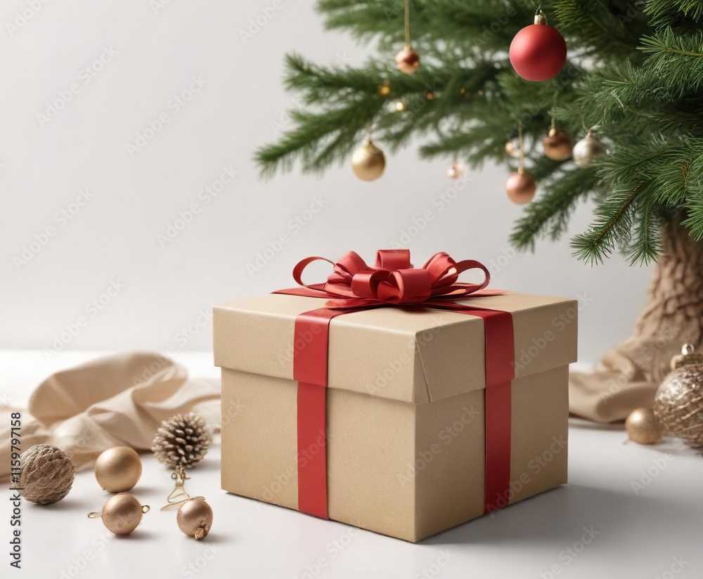 Empty gift box on white background with Christmas tree decorations, present, festive, evergreen Empty gift box on white background with Christmas tree decorations, present, festive, evergreen
