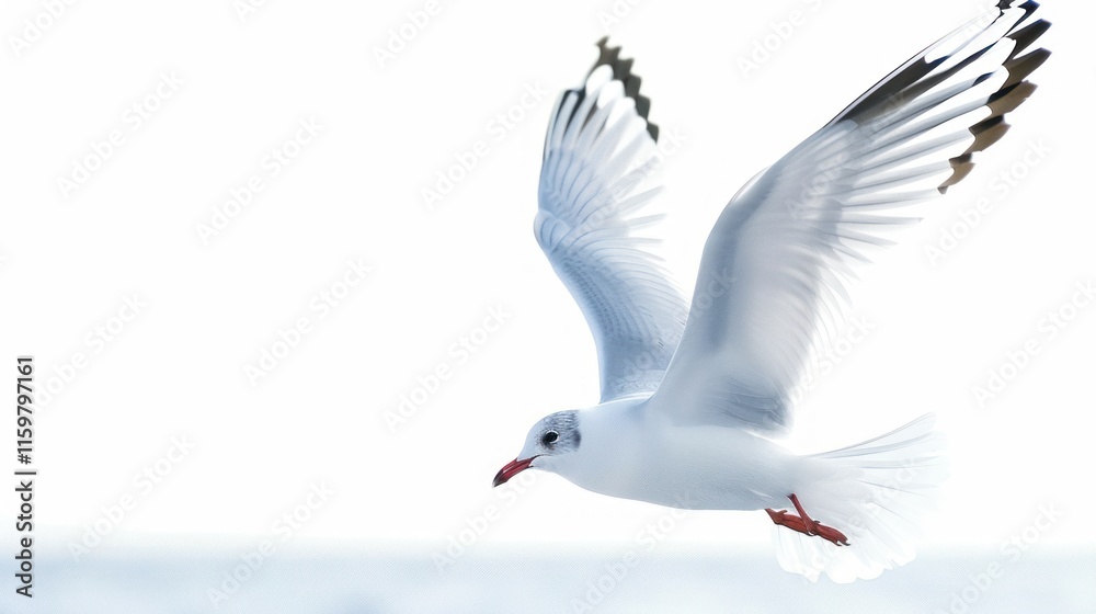 Obraz premium White seagull in flight against bright sky.