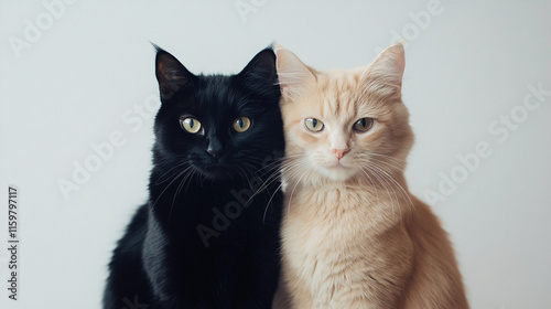 a black cat and a cream-colored cat sitting closely together with soft lighting creating a charming and cozy atmosphere
 photo