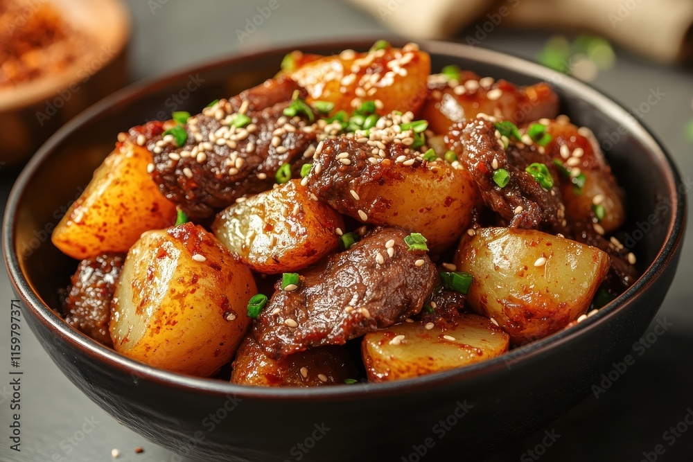 Close up of a bowl of sweet sauced Korean potato dish Gamja Bokkeum or Gamja Jorim on a table Close up of a bowl of sweet sauced Korean potato dish Gamja Bokkeum or Gamja Jorim on a table