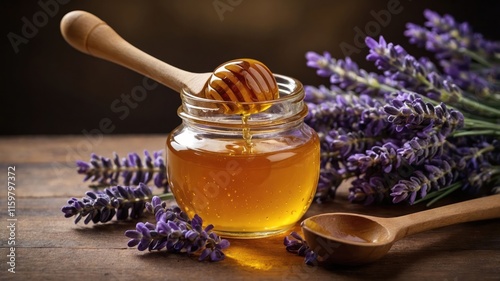 A jar of honey with a wooden dipper surrounded by lavender flowers on a rustic wooden surface. photo