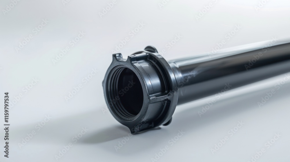 Close-up of a black plastic pipe fitting with threaded connector. Close-up of a black plastic pipe fitting with threaded connector.