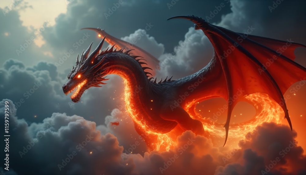 Powerful dragon flies high in sky filled with clouds. Fiery flames surround dragon. Dragon large wings. Majestic mythical creature. Huge dragon with powerful presence. Fantasy creature soaring in Powerful dragon flies high in sky filled with clouds. Fiery flames surround dragon. Dragon large wings. Majestic mythical creature. Huge dragon with powerful presence. Fantasy creature soaring in