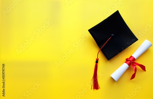 Graduation ceremony concept. Black academic hat, diploma on yellow background. Educational theme. Successful student achievement. Ideal for graduation photos education related designs. Simple, bright photo